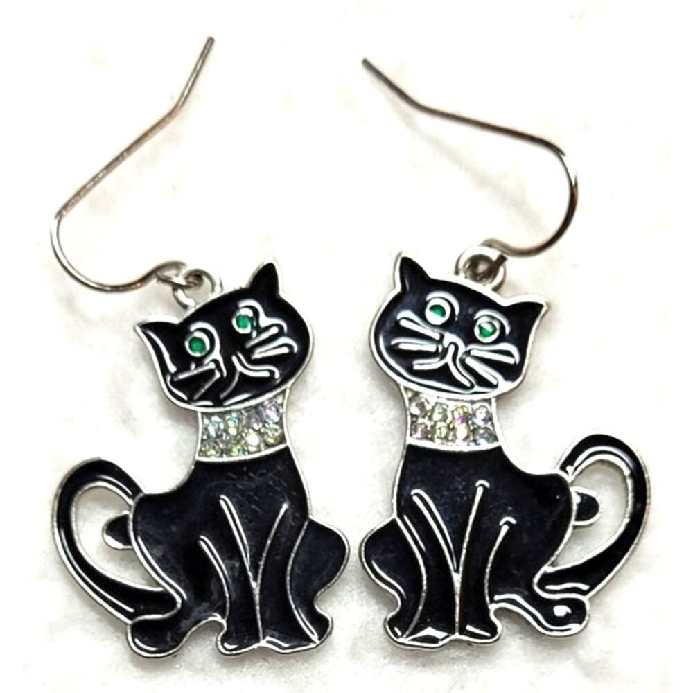 Black Cat Pierced Dangle Earrings Green Eyes Enamel Rhinestone Collar Whimsigoth